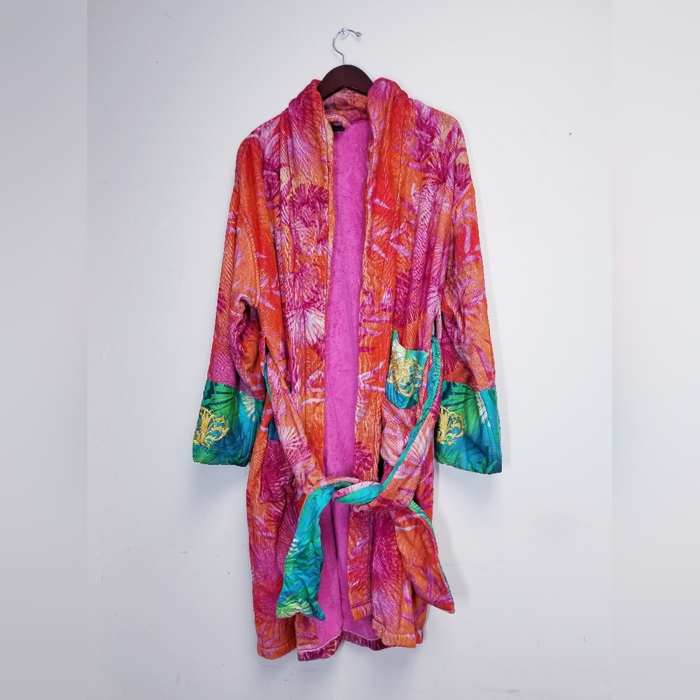Versace Pink & Orange Floral Plush Robe with Teal Accents